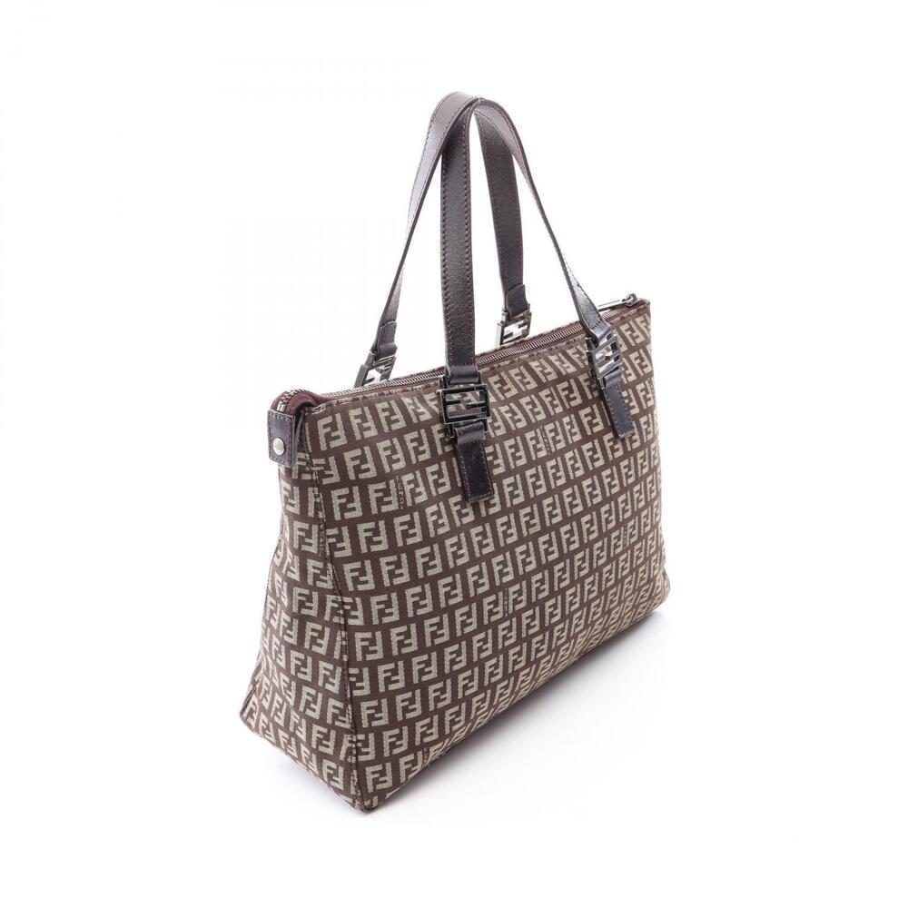 Fendi Bag Canvas Brown Beige Tote Zucchino Leather Brown Tan